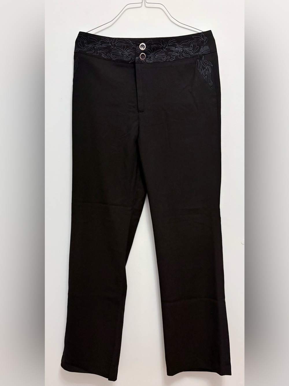Classic Straight-Leg Black Pants with Embroidered Waist